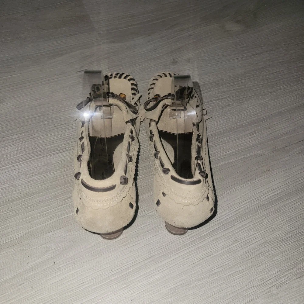 Sam Edelmann Tan Suede Fringe Wedge Moccasin Shoes 8M designer southwest western